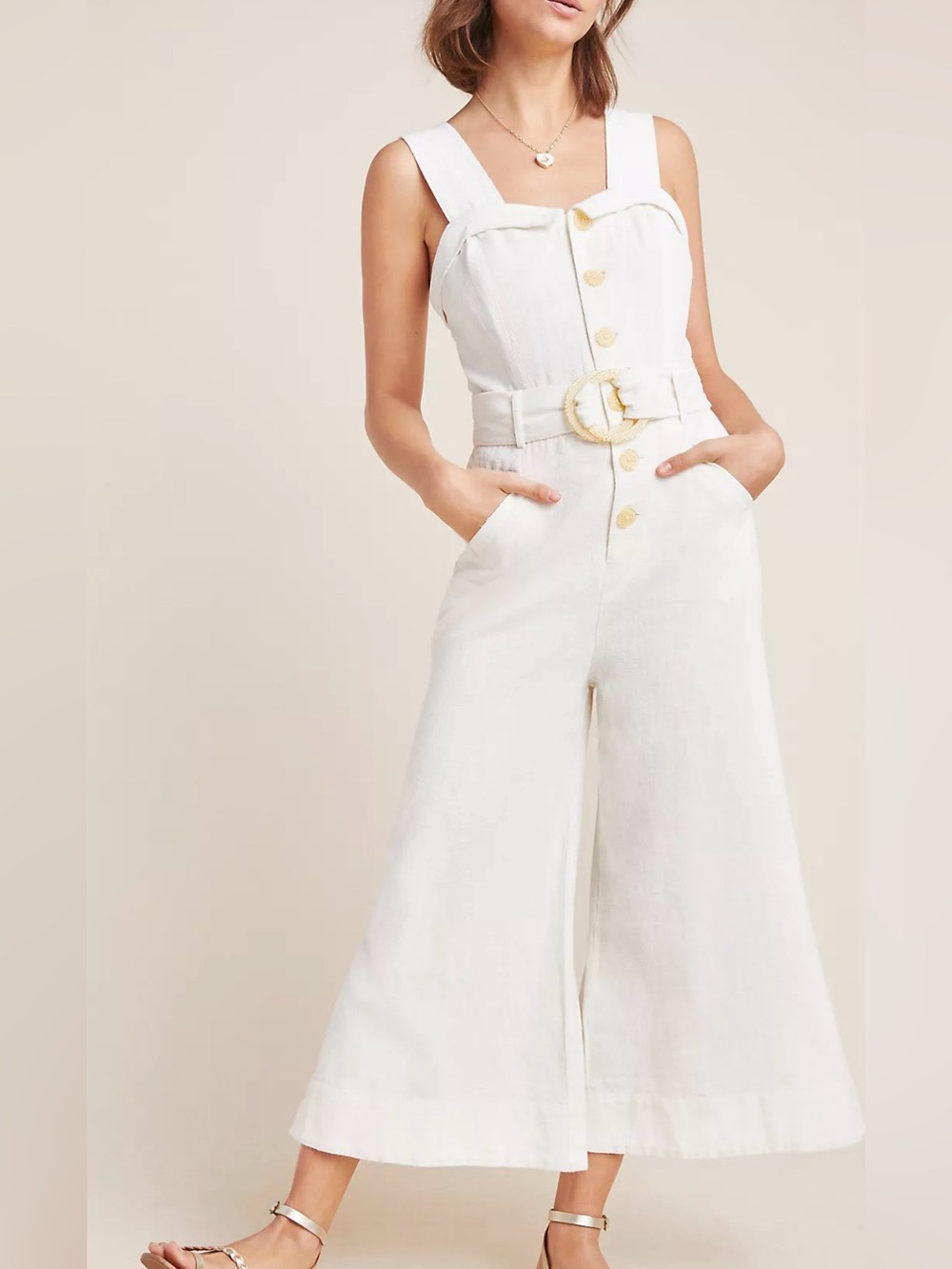 Anthropologie Cape Cod Jumpsuit Size 2 Ivory Linen Blend Wide Leg Belted